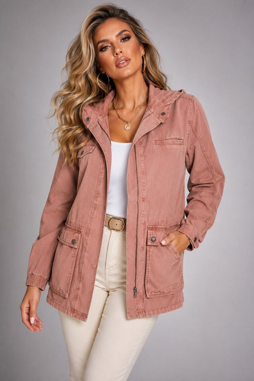 Carbon2Cobalt Hooded Utility Field Jacket L Dusty Rose Garment Dyed Cotton
